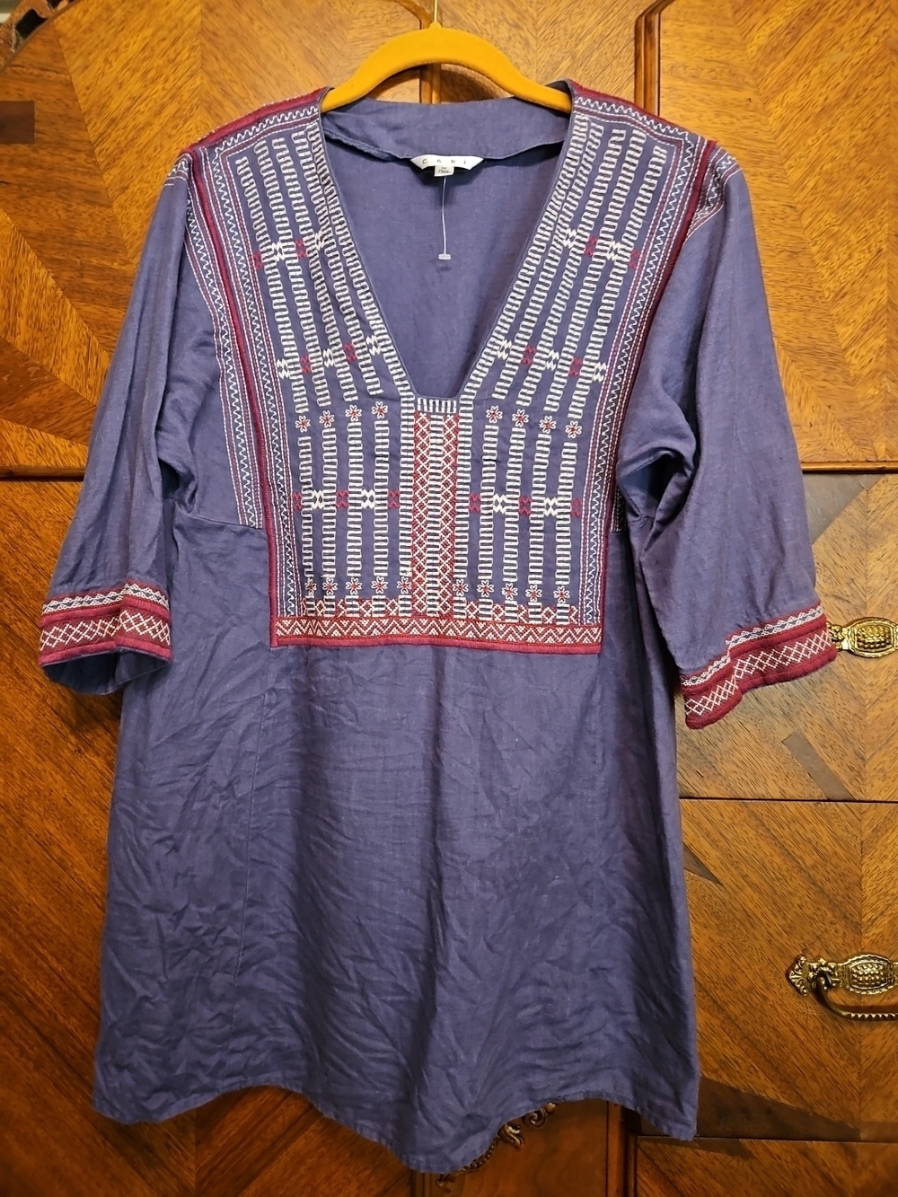 CABI Purple 100% Linen Women's Embroidered V-Neck Tunic Size Medium